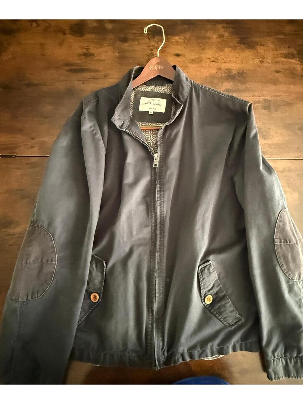River Island Men’s XL Navy Bomber Harrington Jacket Elbow Patch Full Zip